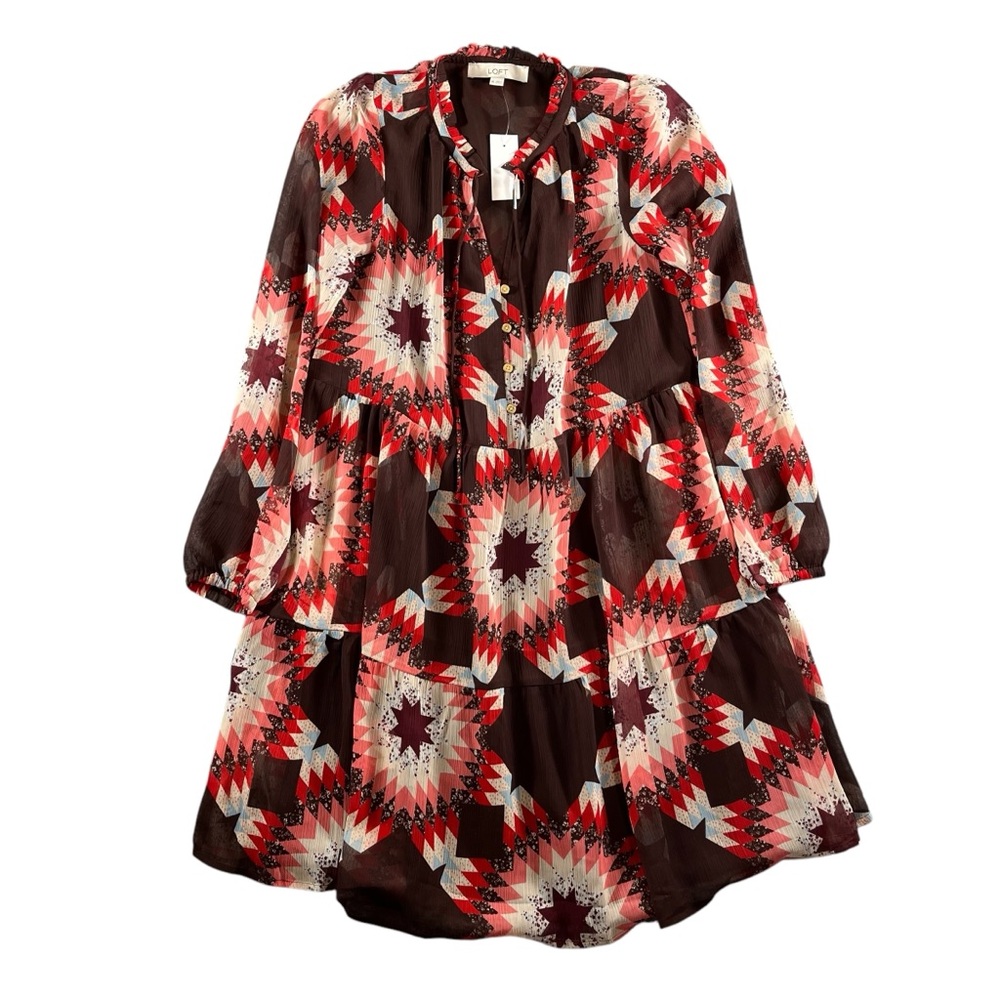 Loft NWT Women's Patchwork Tie Neck‎ Pocket Dress Size XS Brown/Red/Pink